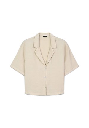 Camicia beige a maniche corte con colletto a punte e tre bottoni sul davanti.