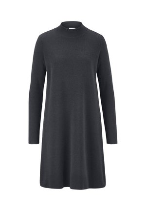 Long-sleeve, dark gray, knee-length knit dress with a high round neckline and a slightly flared skirt.