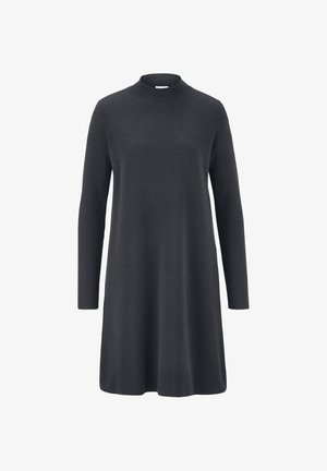 Long-sleeve, dark gray, knee-length knit dress with a high round neckline and a slightly flared skirt.