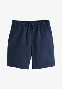 Pantalones cortos azul marino con cintura elástica y cordón, bolsillos laterales y dobladillo recto.