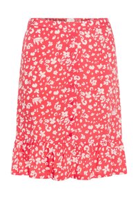 Jupe florale rouge avec des motifs blancs, dotée d'un ourlet volanté et d'un devant à boutons. Fabriquée en tissu léger pour le confort.