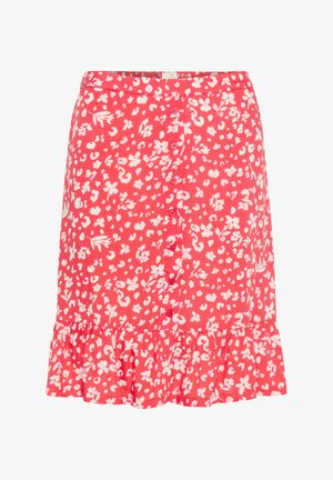 Fustă roșie cu flori și modele albe, având un tiv cu volane și un închidere cu butoane în față. Confeționată dintr-un material ușor pentru confort.