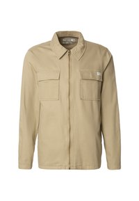 Veste utilitaire beige avec fermeture éclair à l'avant, deux poches poitrine, un col pointu et des manches longues. Confectionnée en tissu résistant et texturé.