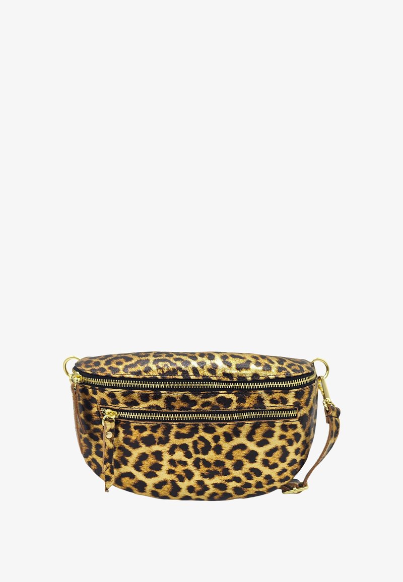 Sac en bandoulière imprimé léopard avec quincaillerie dorée, comprenant deux compartiments zippés, une forme arrondie et une bandoulière détachable.