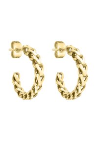 Orecchini a cerchio in tono oro con design a catena intrecciata, superficie texturizzata e chiusura a perno e spinta sicura.