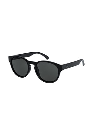 Black sunglasses with round lenses, made of plastic, featuring a sleek design and subtle logo detail on the arms.