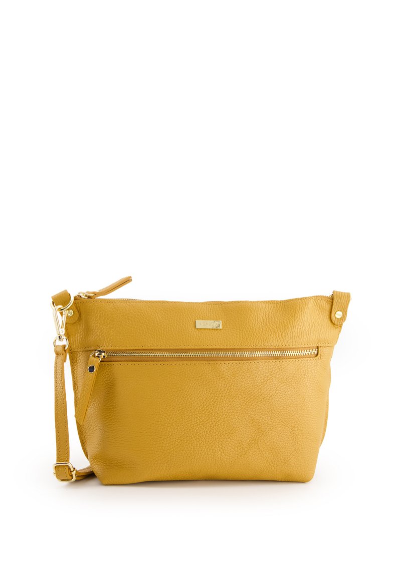 Gelbe Lederhandtasche mit strukturiertem Finish, ausgestattet mit einer Front-Reißverschlusstasche, einem verstellbaren Tragegurt und goldfarbigen Hardware-Akzenten.