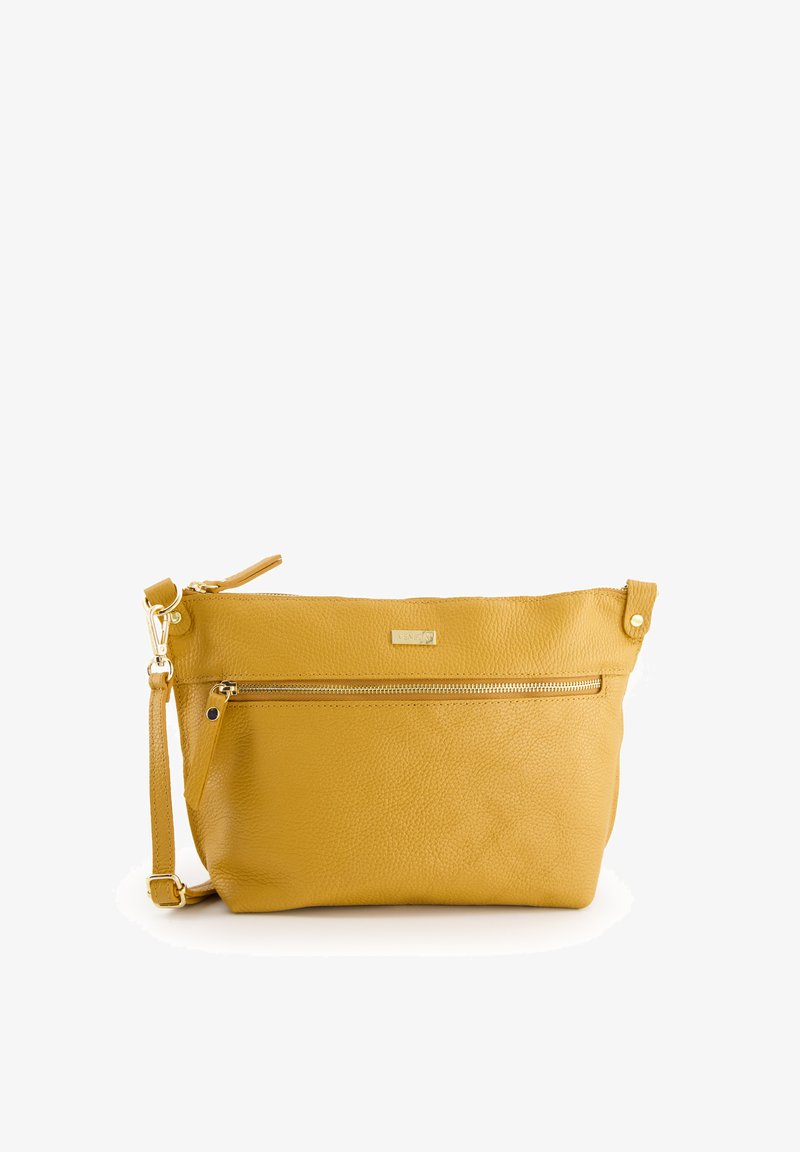 Gul lædertaske med en struktureret overflade, der har en frontlomme med lynlås, justerbar strop og hardware i guldfarve.