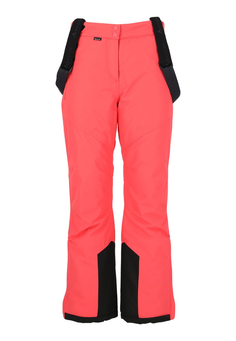 Vaatekappaleet vaaleanpunaiset hiihtohousut mustilla yksityiskohdilla, joissa on säädettävät olkaimet, kestävä vyötärö ja muotoiltu, vedenpitävä rakenne.