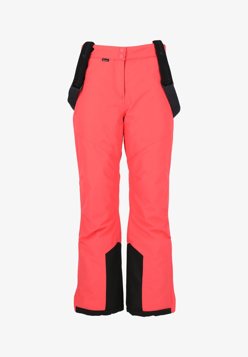 Vaatekappaleet vaaleanpunaiset hiihtohousut mustilla yksityiskohdilla, joissa on säädettävät olkaimet, kestävä vyötärö ja muotoiltu, vedenpitävä rakenne.