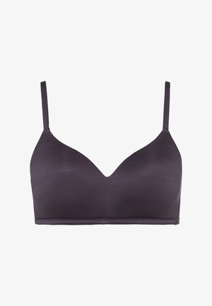 Dunkelviolette, kabellose BH mit verstellbaren Trägern, glatter Textur, V-Ausschnitt und ohne sichtbare Beschläge oder Verzierungen.
