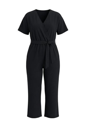 Schwarzer Jumpsuit mit kurzen Ärmeln, V-Ausschnitt, Wickeloptik, gebundenem Taillengürtel und weitem, cropped Hosenbein.