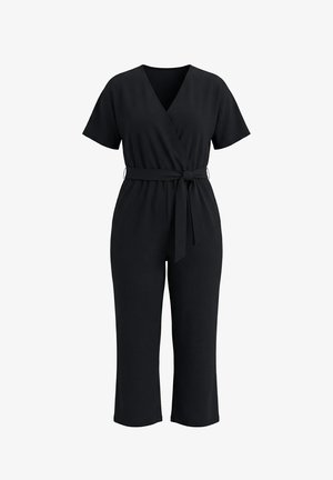 Schwarzer Jumpsuit mit kurzen Ärmeln, V-Ausschnitt, Wickeloptik, gebundenem Taillengürtel und weitem, cropped Hosenbein.