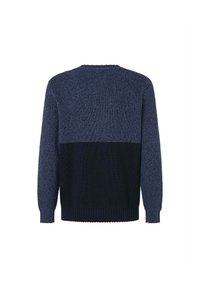 Marinblå stickad tröja med ett strukturerat mönster, med en enfärgad mörkblå nederdel och ribbade muddar och fåll.