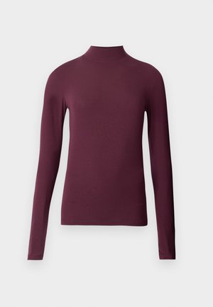 Burgundy long-sleeve turtleneck shirt made of smooth, stretchy fabric. Form-fitted design with high neckline and no visible seams.