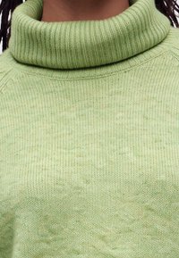 Gros plan d'une personne portant un pull à col roulé côtelé vert clair, montrant le cou et la zone supérieure de la poitrine.
