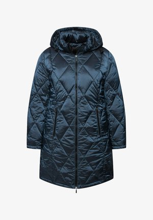 Granatowa pikowana kurtka puchowa z kapturem, z diamentowym wzorem, z przodem na zamek błyskawiczny i dwoma bocznymi kieszeniami na zamek. Gładki, błyszczący materiał.