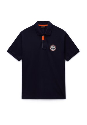Polo blu navy in cotone, con maniche corte, colletto classico, patta con bottoni arancioni e logo ricamato sul petto.