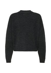 Dark gray knit sweater with long sleeves and a crew neckline, shown from the back on a white background.