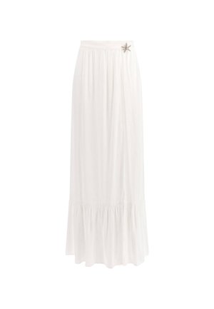 White maxi skirt with gathered fabric, flowing design, ruffled hem, and decorative silver star detail on the waistband.