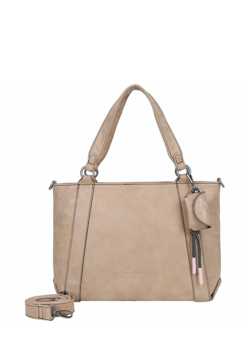 Bolso sintético beige con forma estructurada, doble asa y correa de hombro detachable. Cuenta con un pequeño bolsillo con cremallera y detalles en negro.