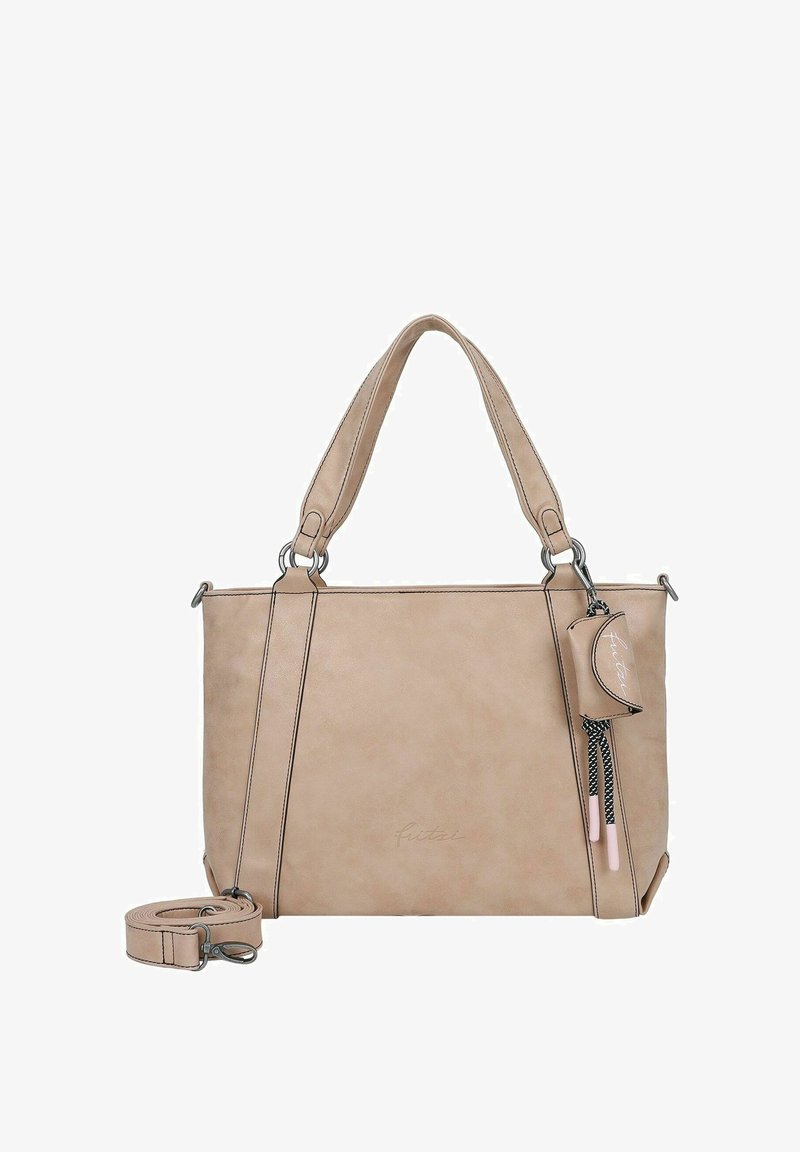 Borsa a mano sintetica beige con forma strutturata, manici doppi e tracolla removibile. Presenta una piccola tasca con zip e dettagli neri.