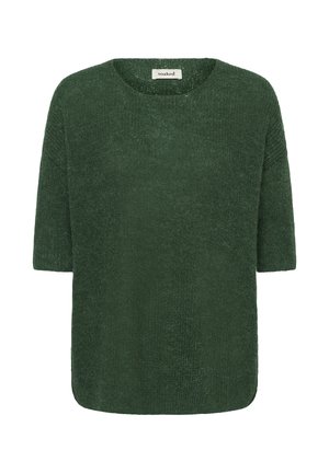 Pull vert tricoté avec col rond, manches courtes et coupe ample. Le tissu présente une texture apparente et une couleur unie.