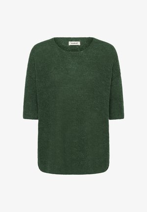 Pulover verde tricotat cu gât rotund, mâneci scurte și croială lejeră. Materialul are un aspect texturat și o culoare solidă.