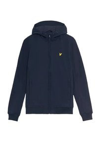 Felpa blu navy con zip, cappuccio regolabile, due tasche laterali e un piccolo logo giallo sul lato sinistro del petto. Tessuto morbido.