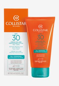 Krem przeciwsłoneczny Collistar SPF 30, pomarańczowa tuba z białymi i niebieskimi akcentami. Zawiera wysoką ochronę, odporny na wodę, odpowiedni dla wrażliwej skóry.