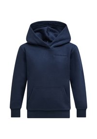 Marineblaue Kapuzen-Sweatshirt aus weichem Stoff. Verfügt über eine Kängurutasche, gerippte Bündchen und ein kleines Logo auf der Brust.