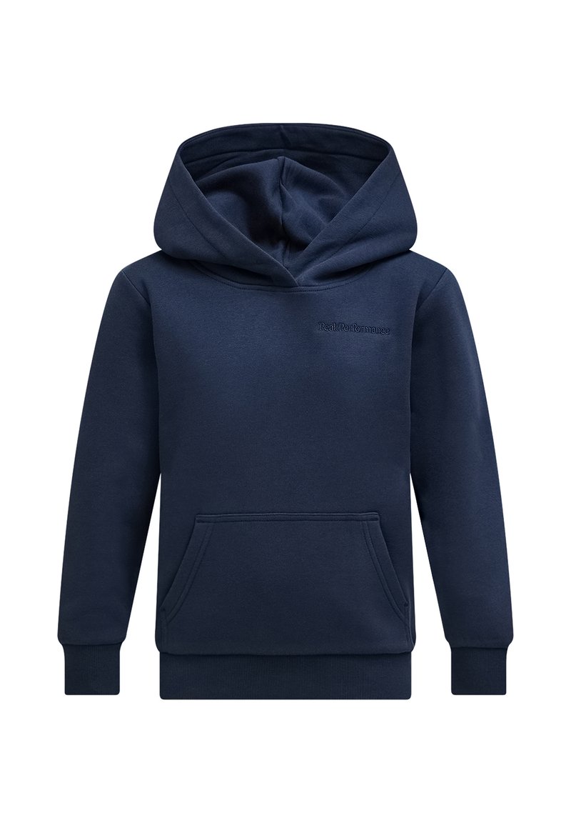 Marineblaue Kapuzen-Sweatshirt aus weichem Stoff. Verfügt über eine Kängurutasche, gerippte Bündchen und ein kleines Logo auf der Brust.