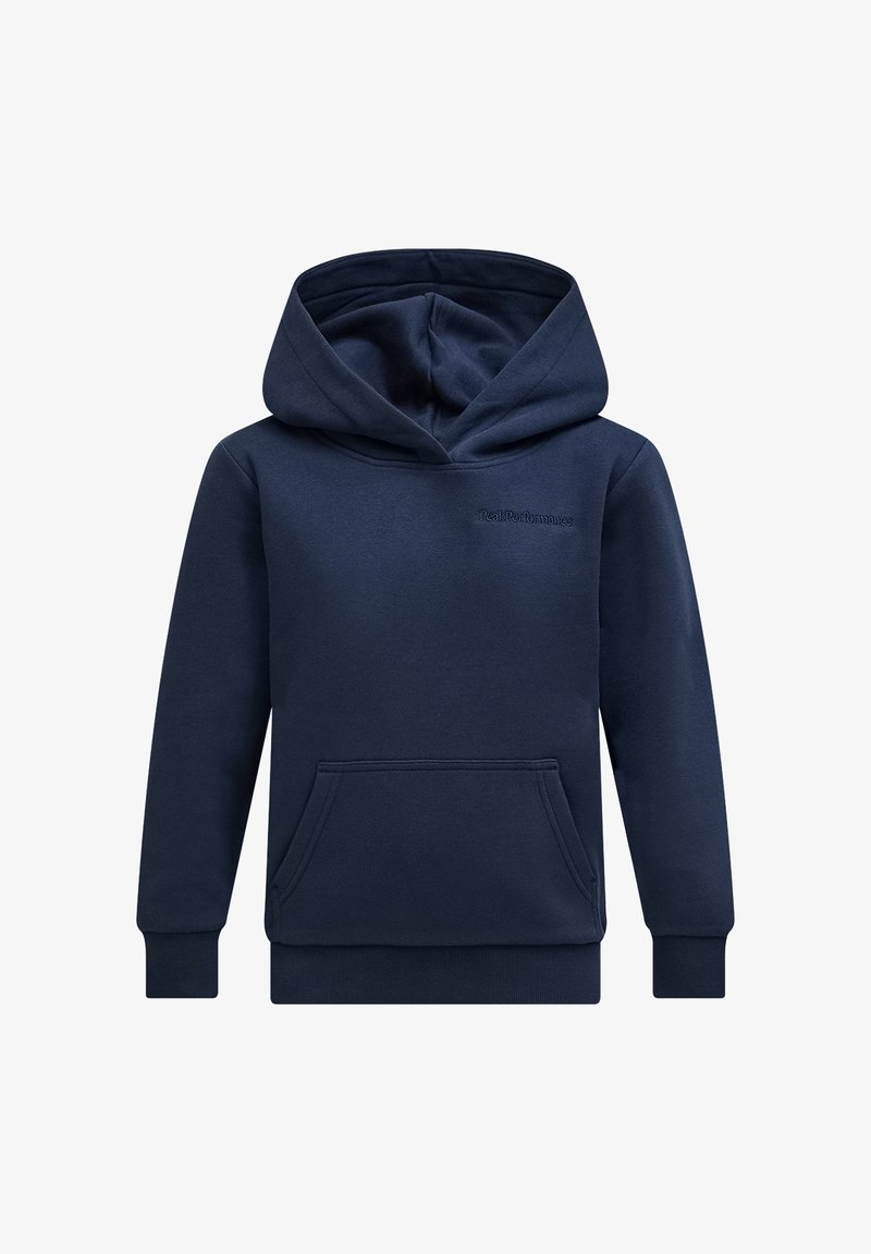 Marineblaue Kapuzen-Sweatshirt aus weichem Stoff. Verfügt über eine Kängurutasche, gerippte Bündchen und ein kleines Logo auf der Brust.