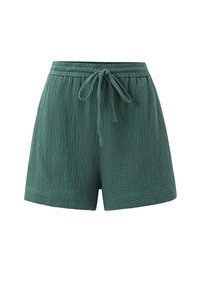 Shorts verts texturés avec une taille élastique, dotés d'une fermeture à cordon et d'une coupe décontractée. Convient pour un usage décontracté ou comme vêtements d'intérieur.