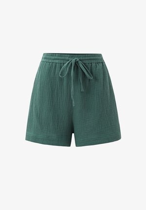 Green textured shorts with an elastic waistband, featuring a drawstring closure and a relaxed fit. Suitable for casual wear or loungewear.