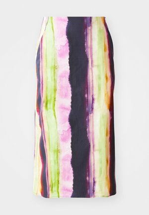 Colorful mid-length skirt featuring vertical stripes in pink, green, yellow, and purple. Made from a smooth fabric with a slight sheen.