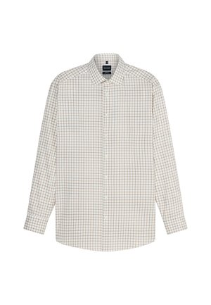 Langärmliges weißes Hemd mit kleinem Karo-Muster in Braun und Marineblau, vorne geknöpft und klassischem Kragen.
