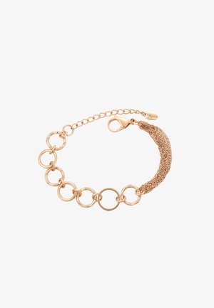 Roze gouden armband met cirkelvormige schakels, verstrengelde mesh-textuur en een haaksluiting. Kettingverlenging voor een verstelbare pasvorm.