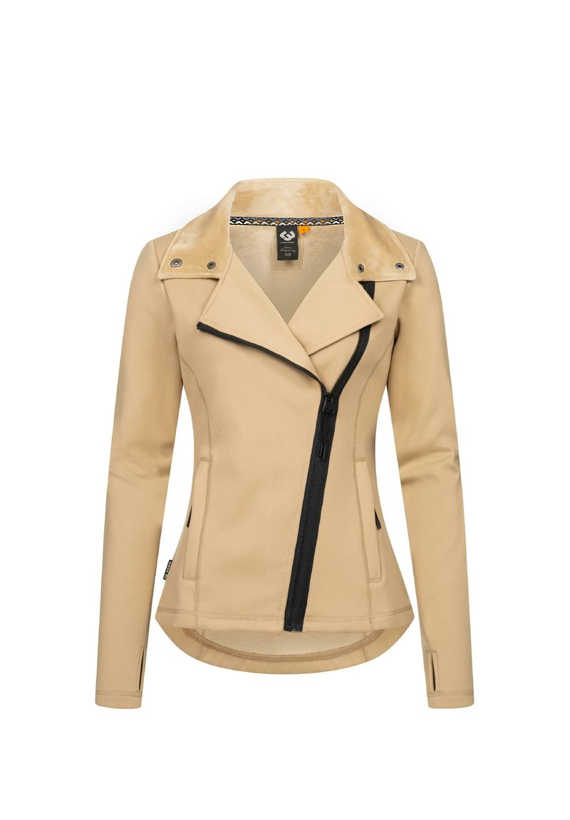 Bežsärk, millel on klappkrae, luku ees, kaks küljetaskut ja kontrastne must lukk. Sile kangas pehme sisemusega vooder.