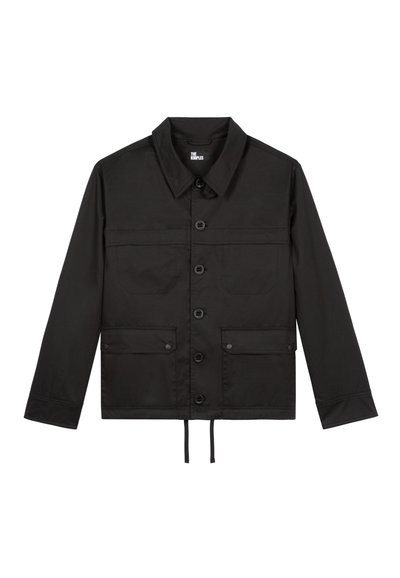 Schwarze Jacke mit strukturiertem Design, mit Kragen, vorderer Knopfleiste, zwei Brusttaschen und verstellbarem Zugband am Saum.