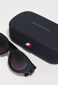 Black cat-eye sunglasses next to a black Tommy Hilfiger case with a red, white, and blue fabric pull tab on a white surface.