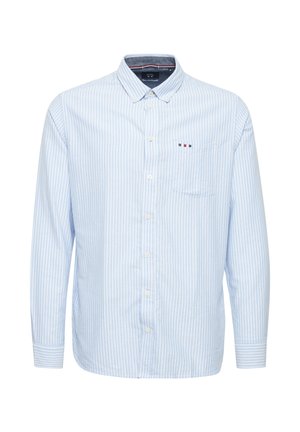 Hele sinine triibuline pika varrukaga särk, mis on valmistatud puuvillast, nööpidega kraega, rinnatasku ja põhjalik brändi detail.