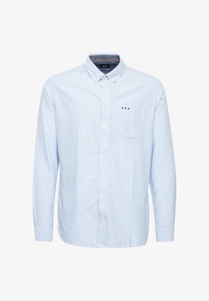 Hele sinine triibuline pika varrukaga särk, mis on valmistatud puuvillast, nööpidega kraega, rinnatasku ja põhjalik brändi detail.