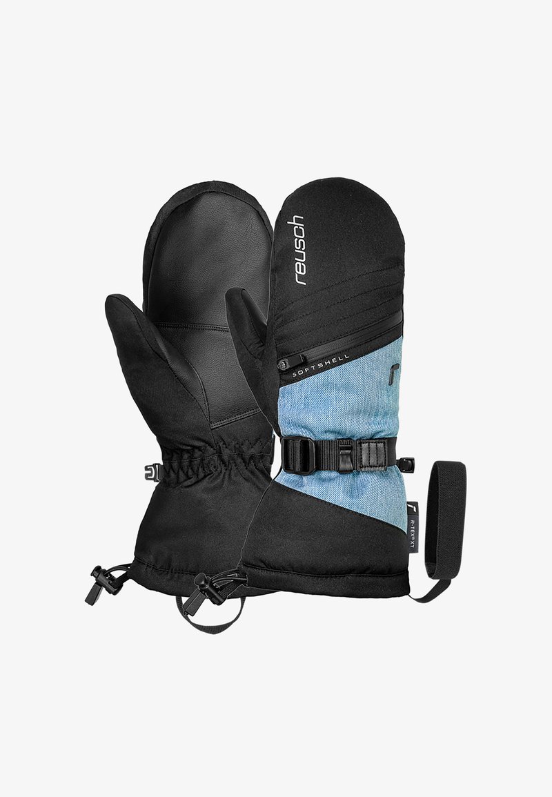 Schwarze und blaue wasserdichte Handschuhe aus Softshell-Material, mit strukturiertem Griff auf den Handflächen, elastischen Bündchen und verstellbaren Riemen für einen sicheren Sitz.