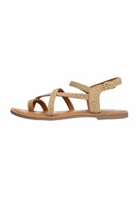 Korte, strapazierfähige sandalen met een geweven textuur, een platte rubberen zool, een verstelbare enkelriem en een kruisbandontwerp.