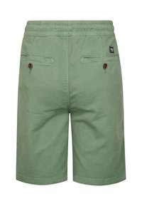 Shorts en coton vert avec une ceinture élastique, deux poches arrière à boutons, et une texture simple et lisse. Pas de motifs ou d'accents supplémentaires.