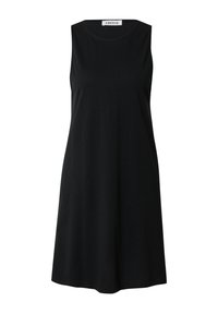 Schwarzes ärmelloses Kleid mit Rundhalsausschnitt und A-Linien-Silhouette, gefertigt aus weichem Material. Glatte Textur ohne sichtbare Muster.