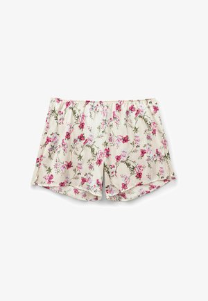 Roomkleurige korte broek met roze en groene bloemenprint, elastische tailleband en een losse, luchtige pasvorm.