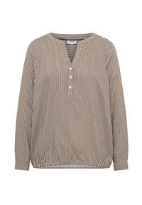 Blouse à manches longues à rayures verticales marron et blanches, avec encolure ronde, patte de boutonnage partielle et ourlet élastique, de la marque CECIL.