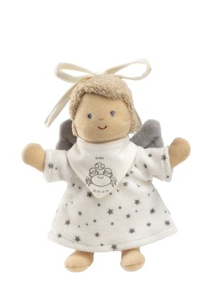 Soft fabric doll with light brown face and detailed embroidery. White dress with gray stars, gray wings, and a white bib featuring a crab graphic.